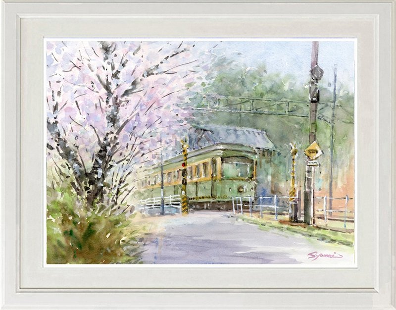 水彩画原画　桜と江ノ電踏切 - 海報/掛畫/掛布 - 紙 粉紅色