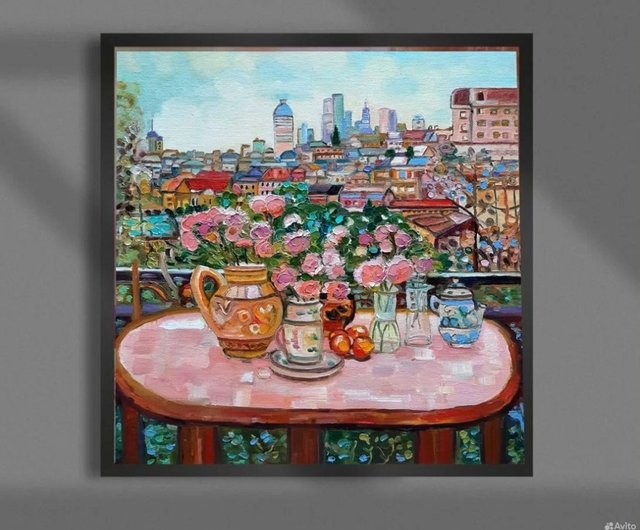 窓辺のバラの絵画 オリジナルアート 油絵 段ボールに油絵 30x30sm