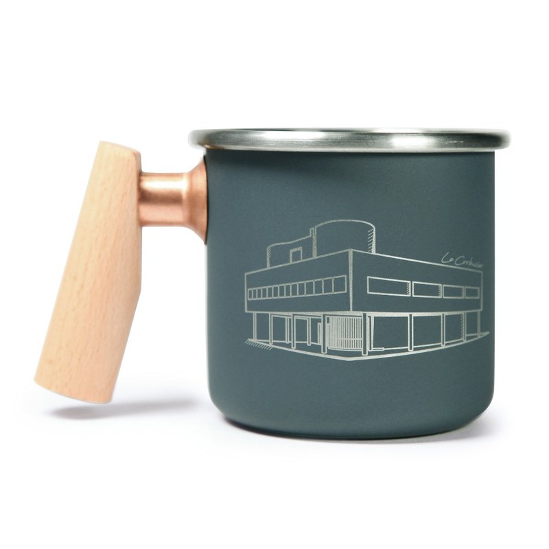 【客製化禮物】木柄 白鐵杯 400ml(薩伏伊別墅) - 咖啡杯/馬克杯 - 不鏽鋼 藍色