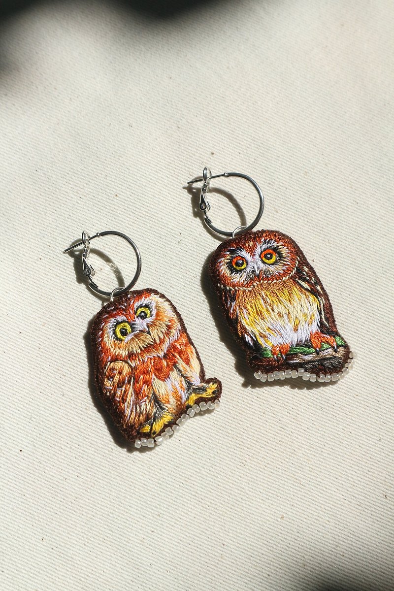 Couple Owls Earrings *Hand Embroidery Earrings* - Earrings & Clip-ons - Thread Multicolor