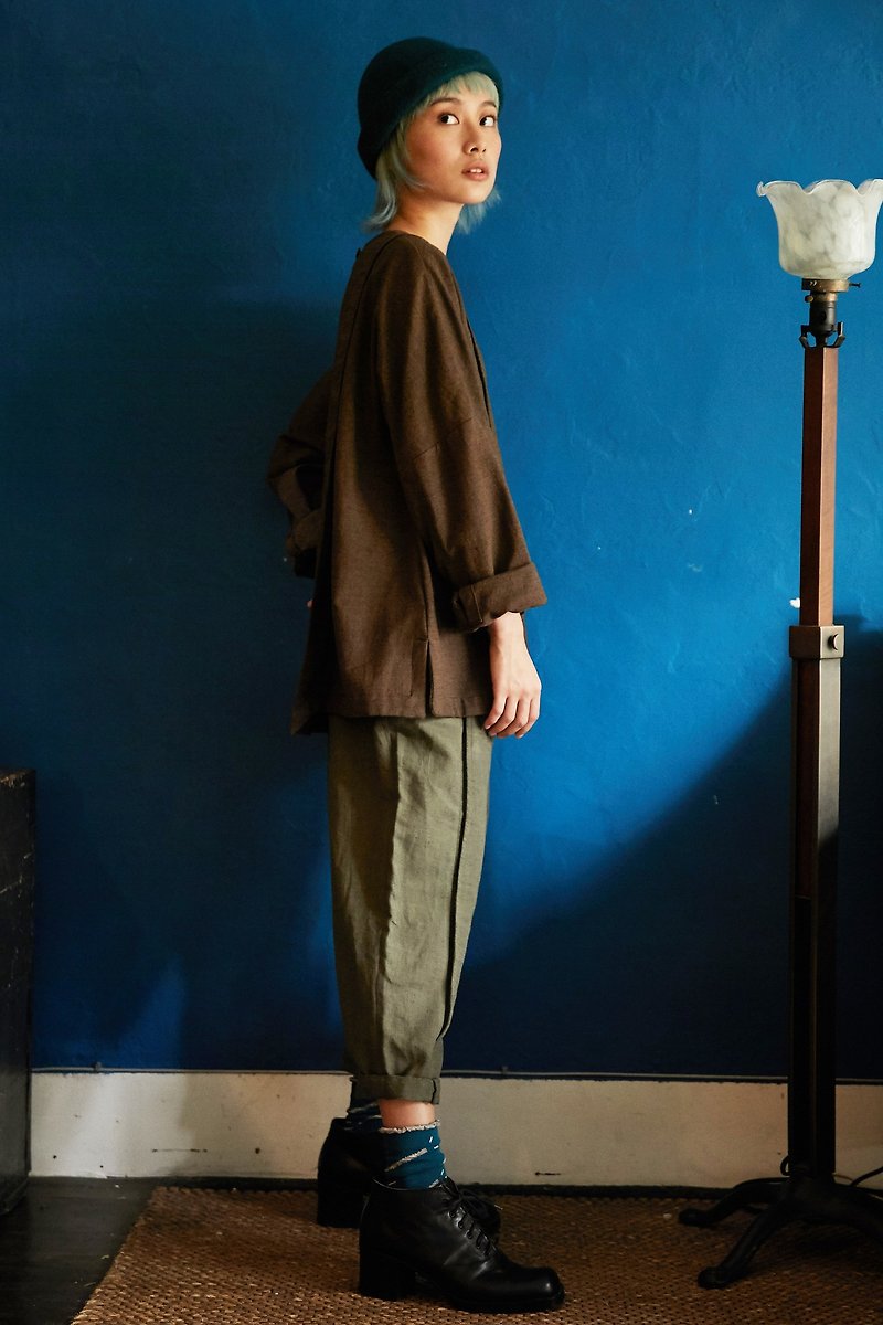 pleats pants slim cotton-green-Fair Trade - กางเกงขายาว - ผ้าฝ้าย/ผ้าลินิน สีเขียว