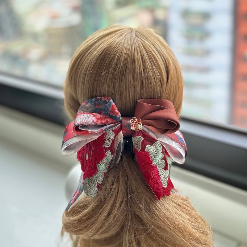 Exclusive Lace Bow Intersecting Clip Banana Clip Fairy Clip Hair Clip - Classical Beauty - เครื่องประดับผม - วัสดุอื่นๆ สีแดง