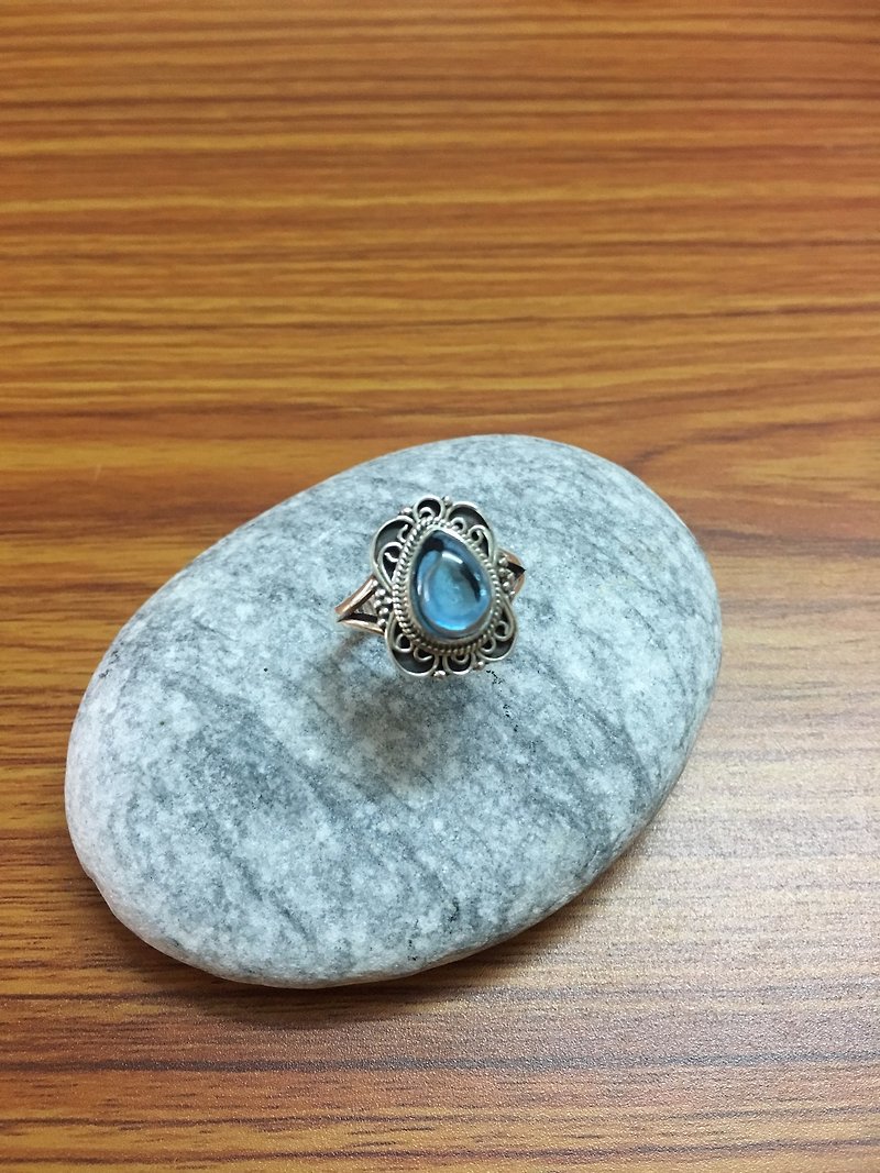 蛋面 托帕石 戒指 尼泊爾 手工製 尼泊爾 手工製 925純銀 - 戒指 - 半寶石 藍色