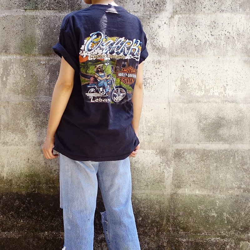 BajuTua / Elegant / 90's American Harley Davidson Ray Racer Memorial T-shirt - เสื้อยืดผู้ชาย - ผ้าฝ้าย/ผ้าลินิน สีดำ