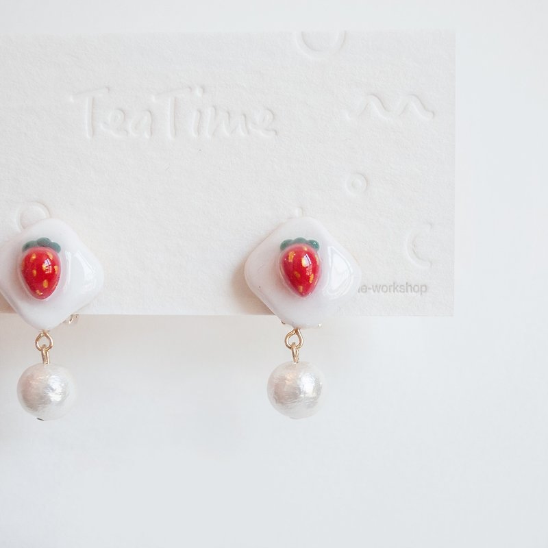 TeaTime strawberry top square white cream ear clip - Earrings & Clip-ons - Clay Pink