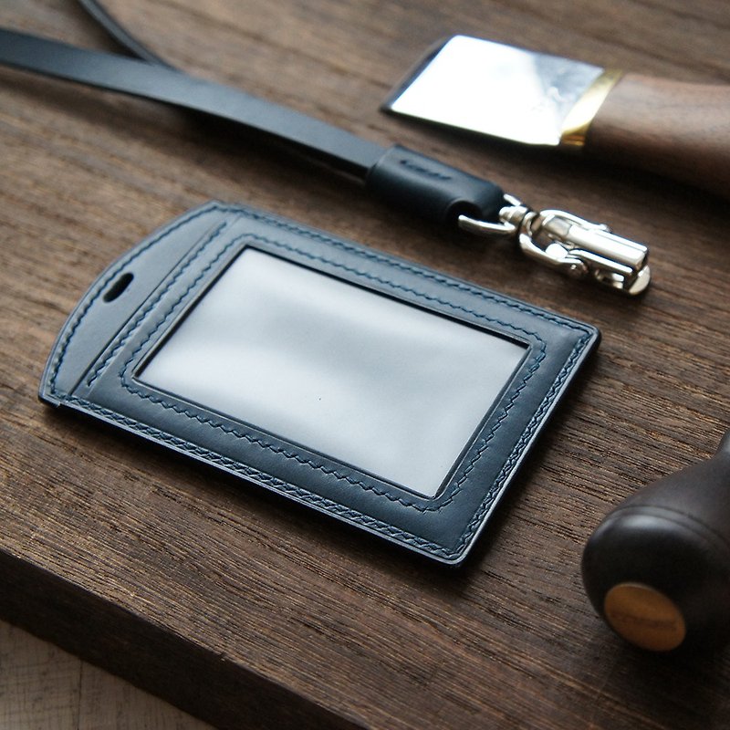 Simple texture handmade leather vertical/horizontal ID card holder / leisure card / identification card holder - ID & Badge Holders - Genuine Leather Blue