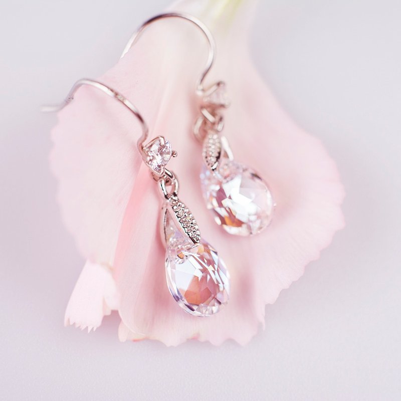 [Revive] (White) Classic Multi-faceted Water Drop Crystal Earrings - Mother's Day Gift for My Little Girlfriend - ต่างหู - คริสตัล หลากหลายสี