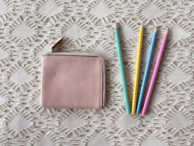Vintage Pastel Pink Genuine Leather Half Zip wallet, sweet slim wallet, compact - 錢包/皮夾/長短夾 - 真皮 粉紅色