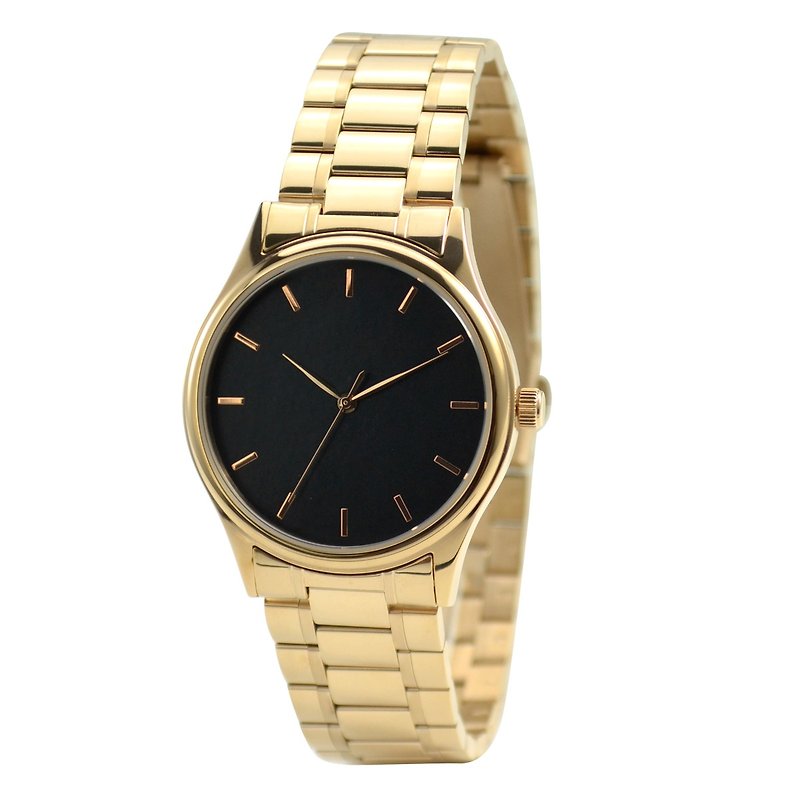 玫瑰金手錶(黑色錶面配玫瑰金條釘)配鋼帶 - 男裝錶/中性錶 - 不鏽鋼 黑色