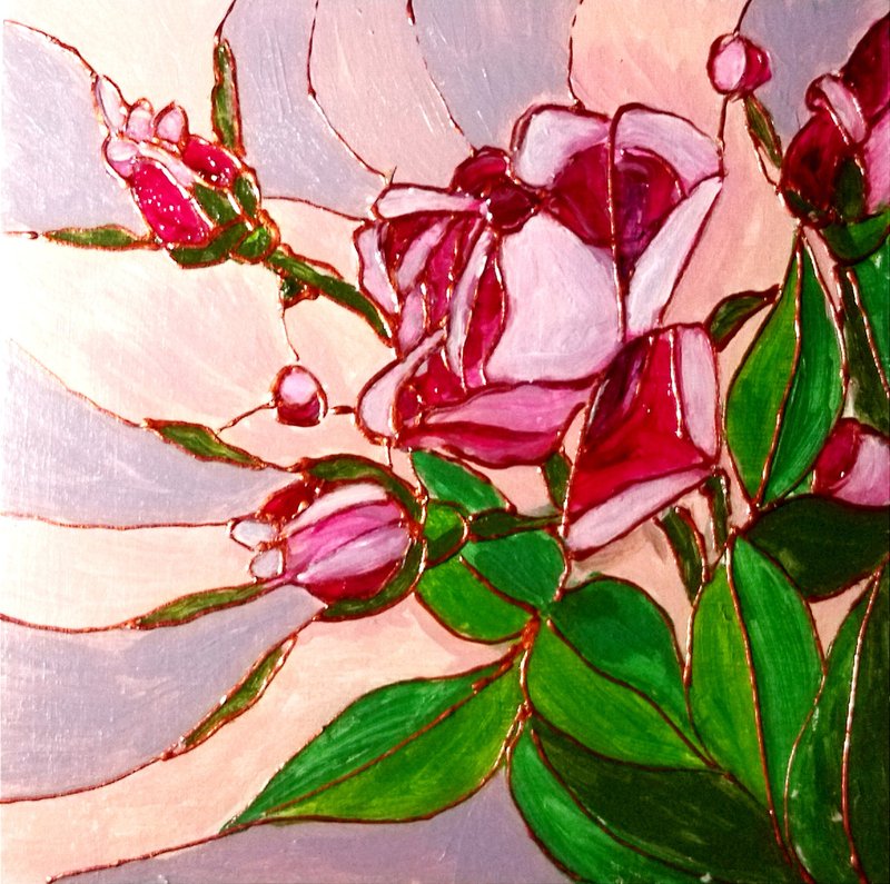 粉红色的花玫瑰小油画 - 壁貼/牆壁裝飾 - 其他材質 粉紅色