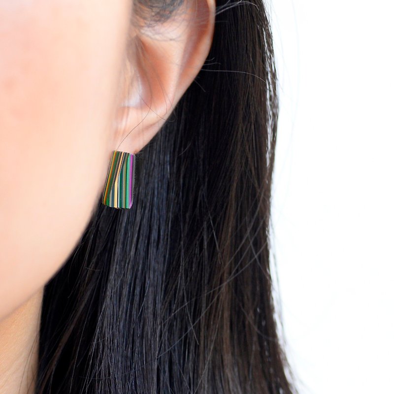漆石耳環-斜紋棕綠漸層(純銀耳針) - 耳環/耳夾 - 純銀 藍色