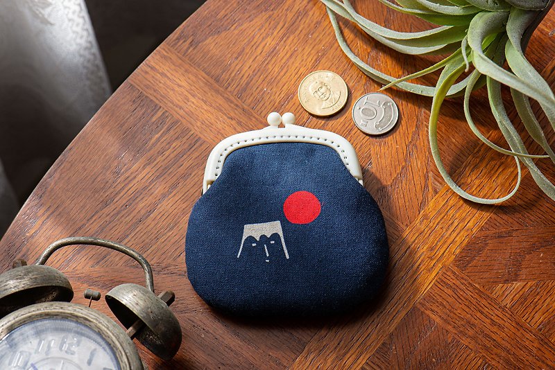 【有臉富士山】零錢包#小口金包#可愛#收納#復古 - 零錢包/小錢包 - 棉．麻 藍色