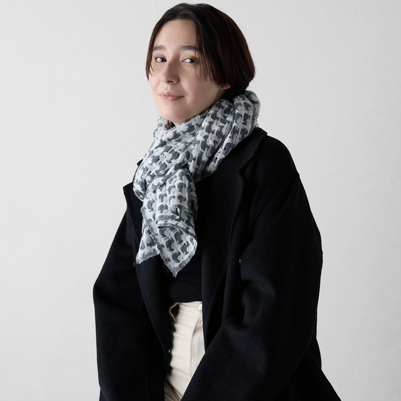 縮絨格紋編織喀什米爾羊毛圍巾-灰 - 圍巾/披肩 - 羊毛 灰色