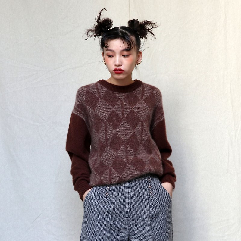 Pumpkin Vintage. Ancient coffee rhombic Cashmere cashmere pullover sweater - Women's Sweaters - Wool Brown
