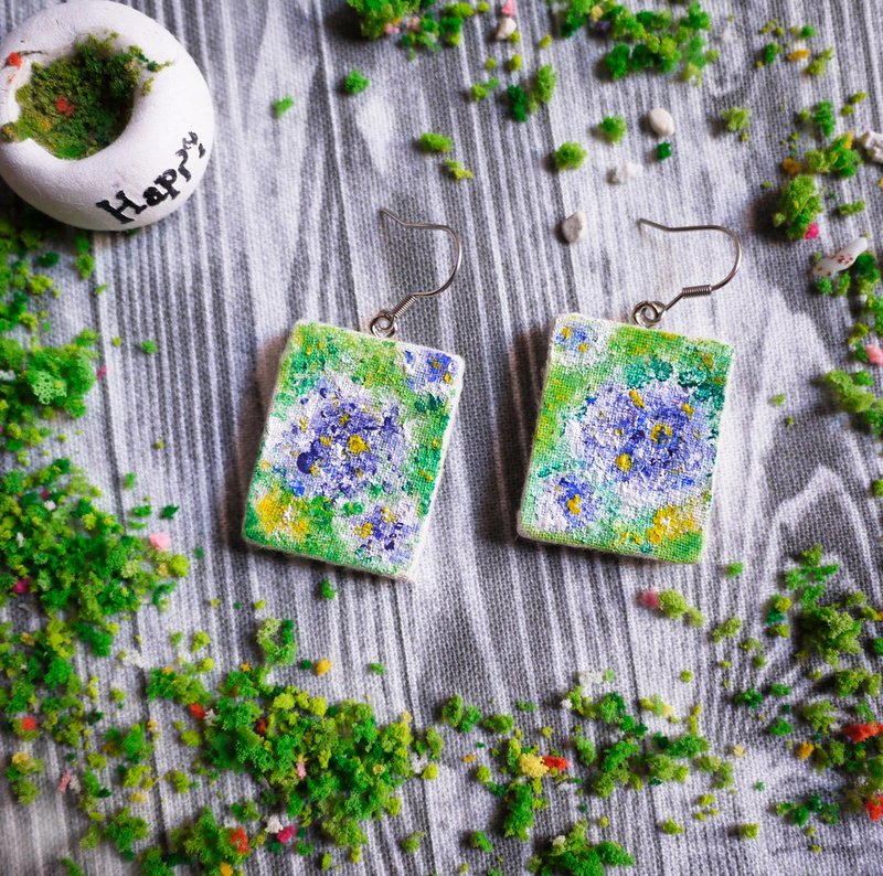 小畫作耳環 * 繡球花叢 - 耳環/耳夾/耳骨夾 - 顏料 綠色