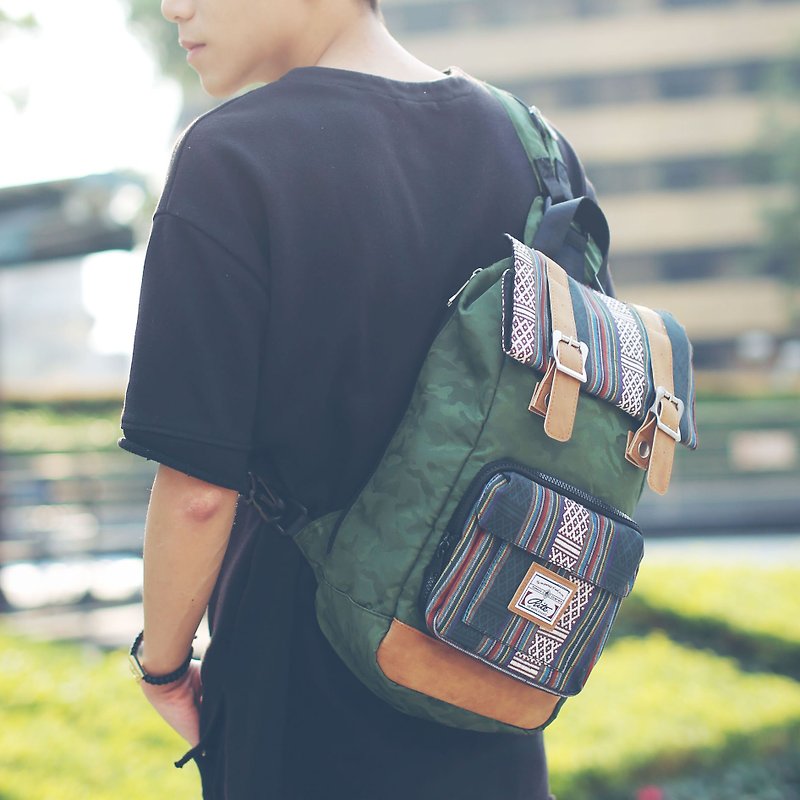 RITE twin package ║ flight bag x vintage bag (M) - special guest book section - dark green camouflage x National Coarse grid ║ - Backpacks - Plastic Green