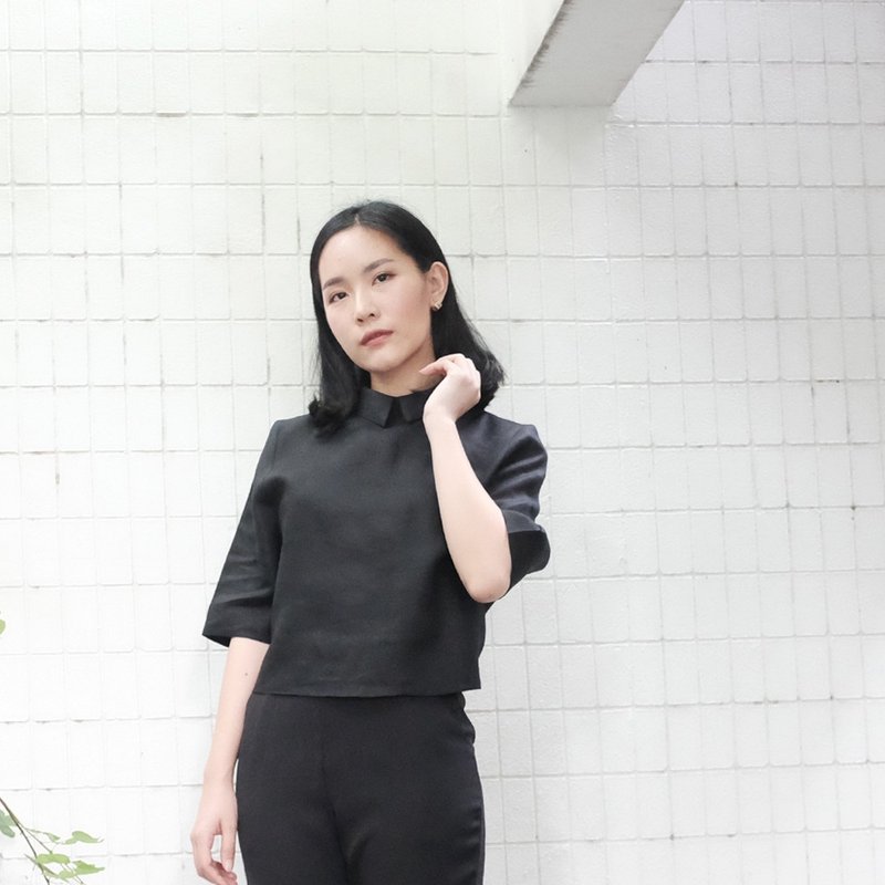 Bow Waist Tie Shirt (Black) - 女襯衫 - 棉．麻 黑色