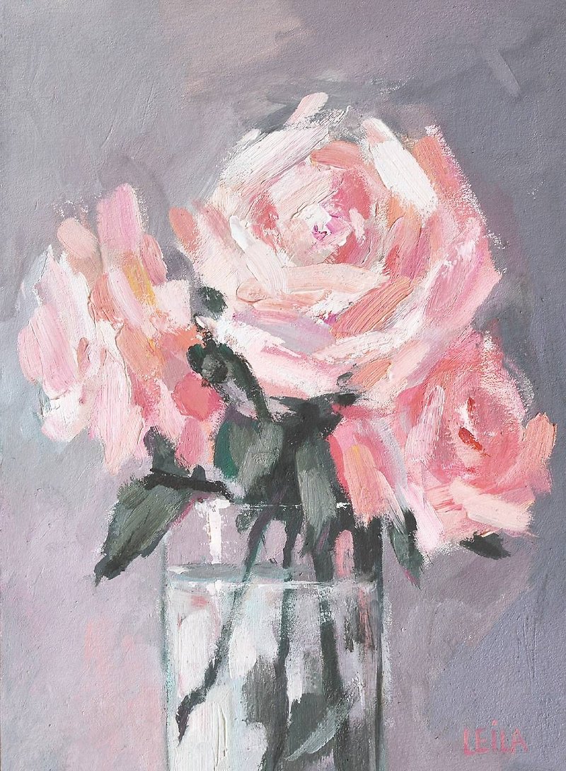 Original Oil Painting Modern Art Light Pink Roses 21x15cm Pink Pearl - Illustration, Painting & Calligraphy - Other Materials Pink
