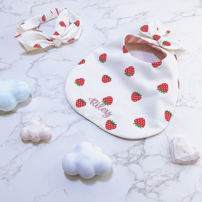 Strawberry double-sided bib saliva towel baby headband set gift box can be embroidered - Bibs - Cotton & Hemp White