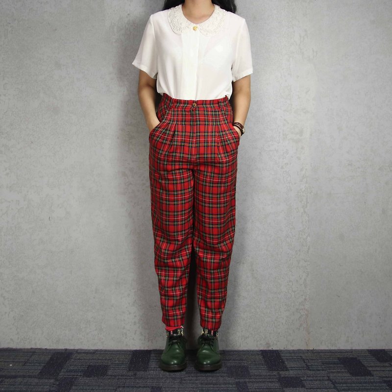 Tsubasa.Y Vintage House Plaid Trousers 015, Vintage Check Plaid Trousers Plaid - Women's Pants - Cotton & Hemp 