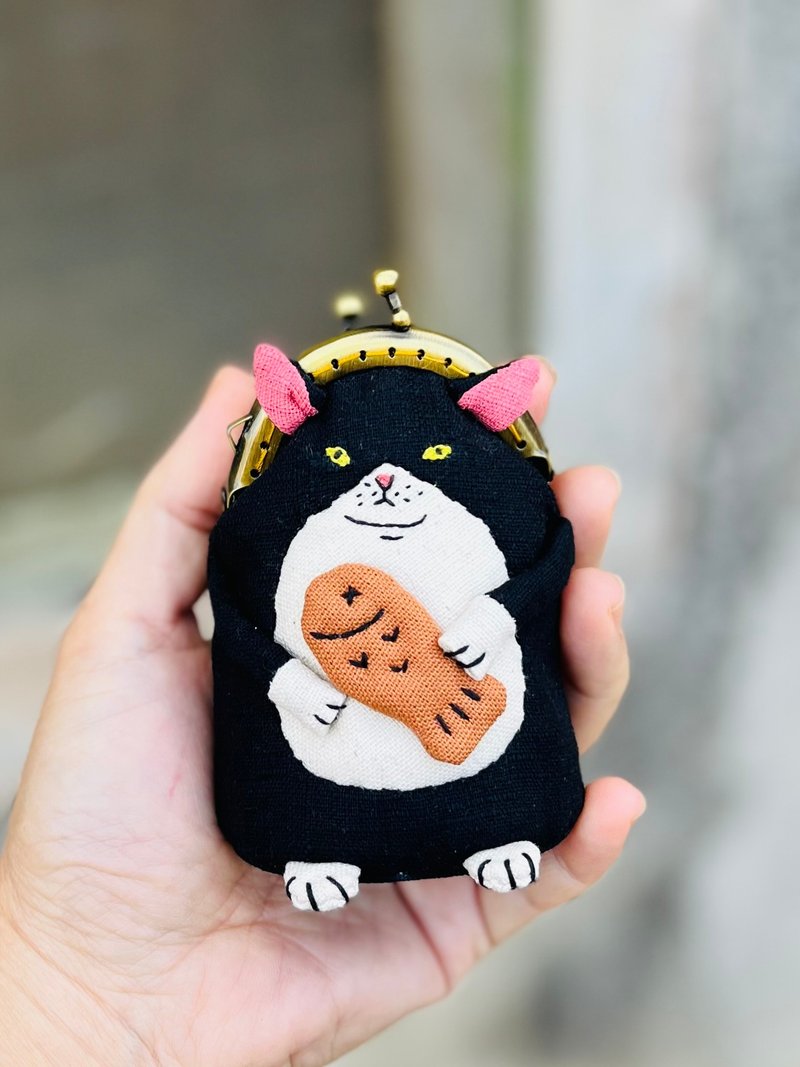 Cat-and-fish Stamp/Coin Pouch with Kiss-Lock Closure - Coin Purses - Cotton & Hemp 