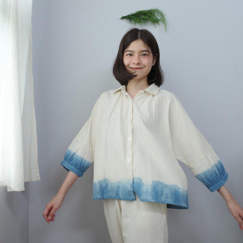 indigo soft-sleeve blouse / shirt - 100% cotton natural dye - 女上衣/長袖上衣 - 棉．麻 白色