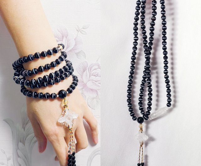 頂級一線黑瑪瑙藥師珠白水晶天眼金剛杵108念珠8mm 單品禮物LINFINITY