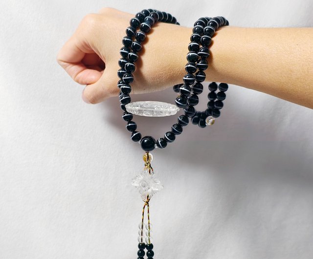 頂級一線黑瑪瑙藥師珠白水晶天眼金剛杵108念珠8mm 單品禮物LINFINITY