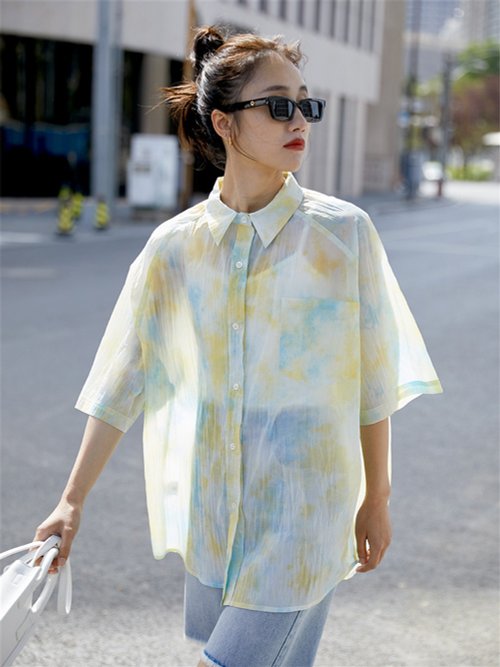 PRODBldg semi-transparent shirt summer pleated blue and yellow tie