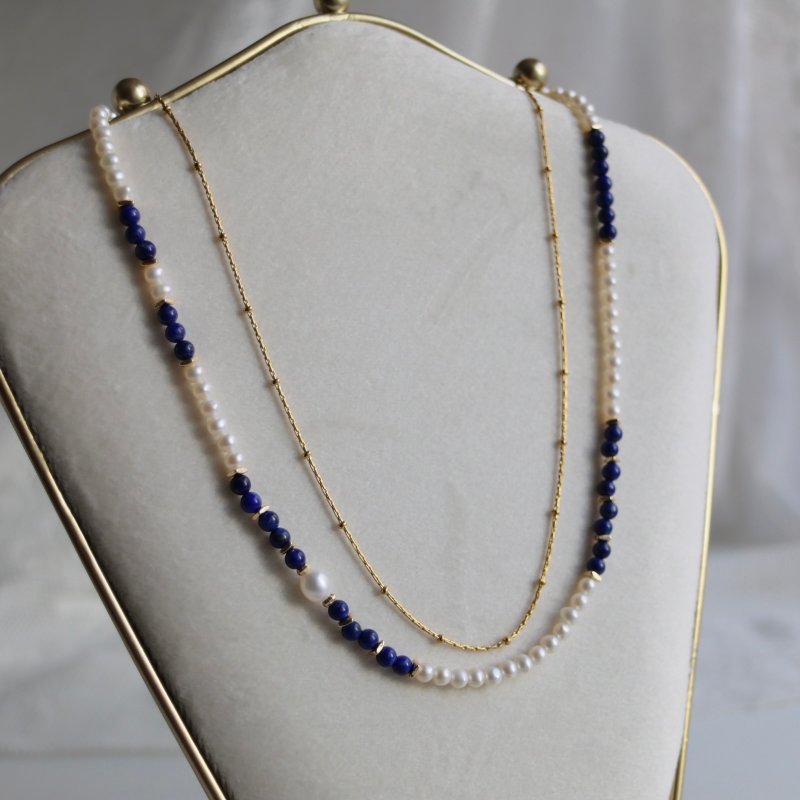 Pearl and Lapis Lazuli Pearl Necklace Natural Freshwater Pearl Necklace Free Stackable Titanium Steel Necklace - สร้อยคอ - ไข่มุก 