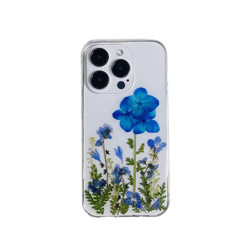 藍色繡球花 天然綠枝葉 手工押花手機殼 適用於iPhone Samsung - 手機殼/手機套 - 植物．花 