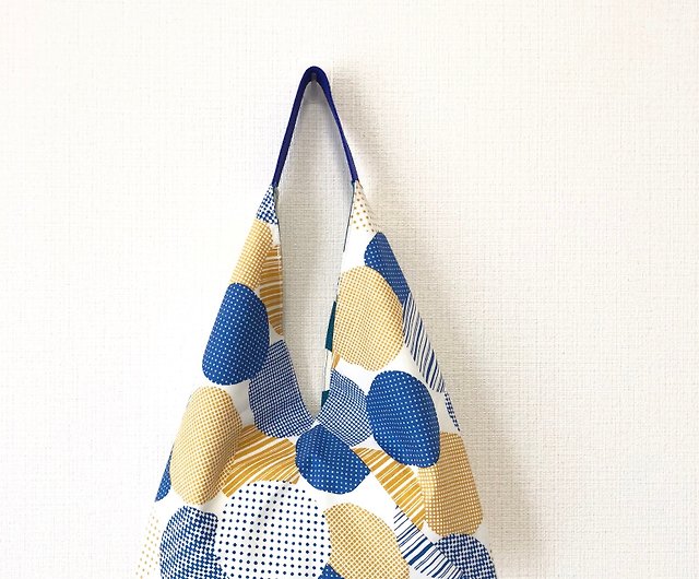 Triangle-shaped tote bag / Japanese origami bag - yellow and blue circle +  blue big point - Shop chez-lu Handbags & Totes - Pinkoi
