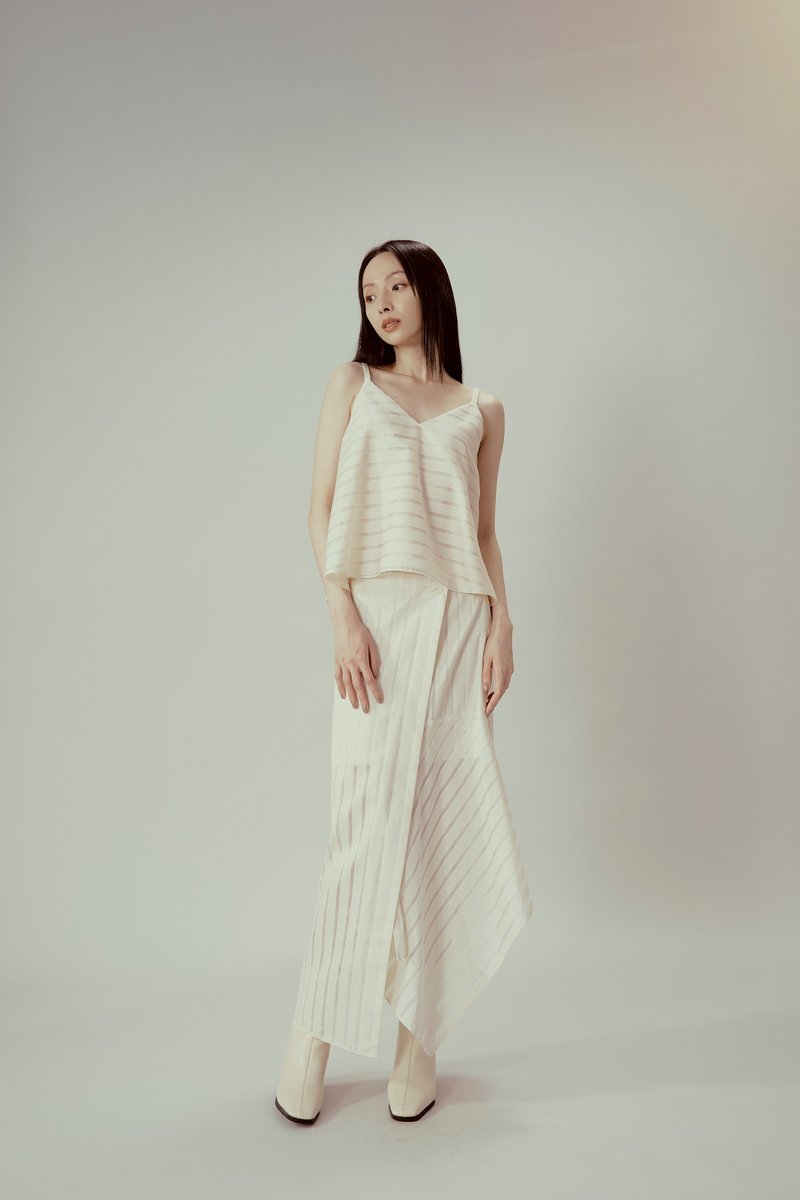 Beige Striped Irregular Long Dress - Skirts - Cotton & Hemp White