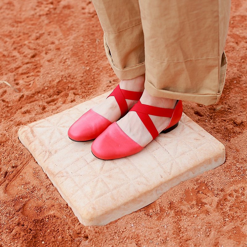 [Zero code clear] Modify both sides of the foot width! Cross elastic belt dance shoes red full leather - รองเท้าบัลเลต์ - หนังแท้ สีแดง