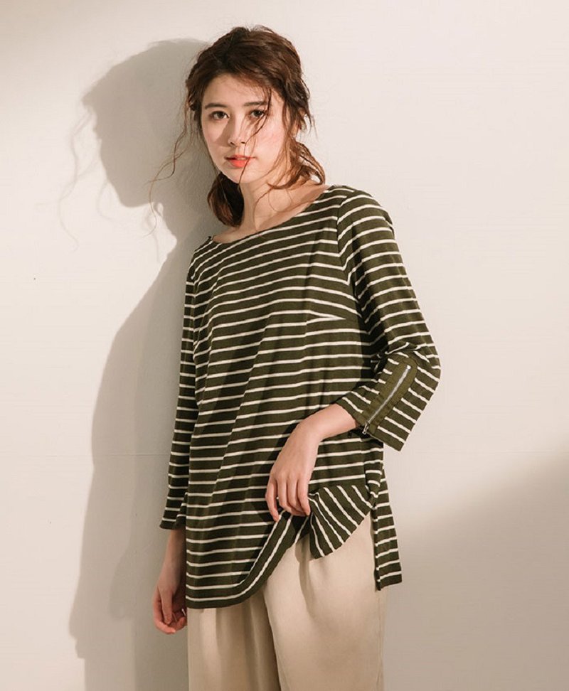 25% off [Beautiful Autumn Lucky Bag] Slowly Striped Cropped Top (Island) + 2 Spring/Summer Tops = 5 times coupon discount - เสื้อผู้หญิง - ผ้าฝ้าย/ผ้าลินิน สีเขียว
