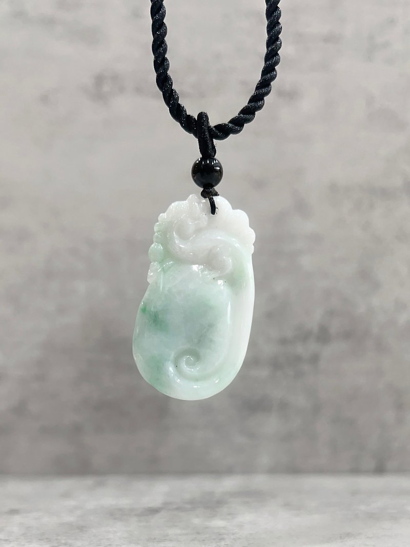 Ruyi Jade Pendant White Background Green Burmese Jade A Grade Black Agate Carved Jade Pendant Comes with a Black Rope Necklace - Necklaces - Jade 