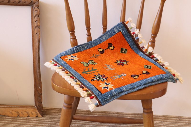 Orange×Blue Handmade carpet small size Wool - Blankets & Throws - Other Materials Orange