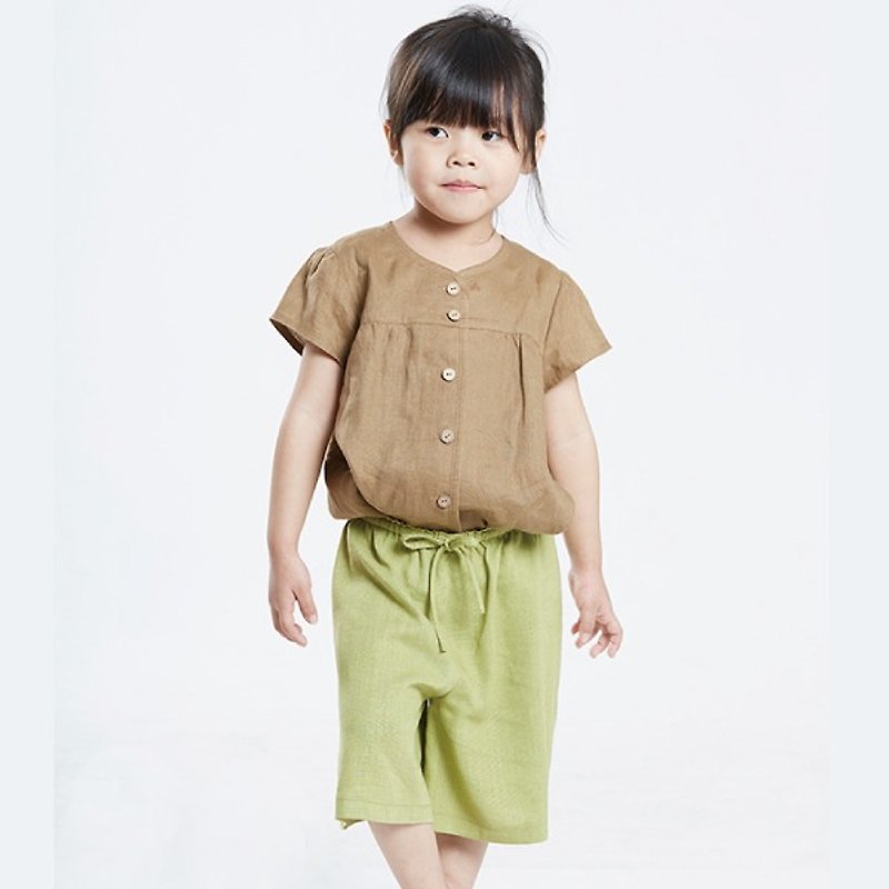 P0020 女童抽繩短褲褲裙-柳葉 - 其他 - 棉．麻 綠色