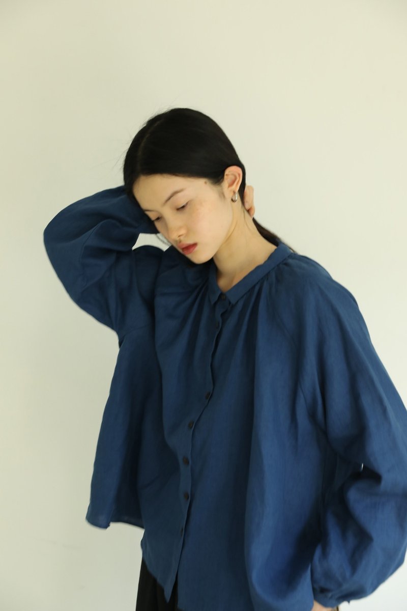 3rd三天堂 french linen 法國產亞麻靜謐藍襯衫女設計感小眾上衣 - 女襯衫 - 棉．麻 