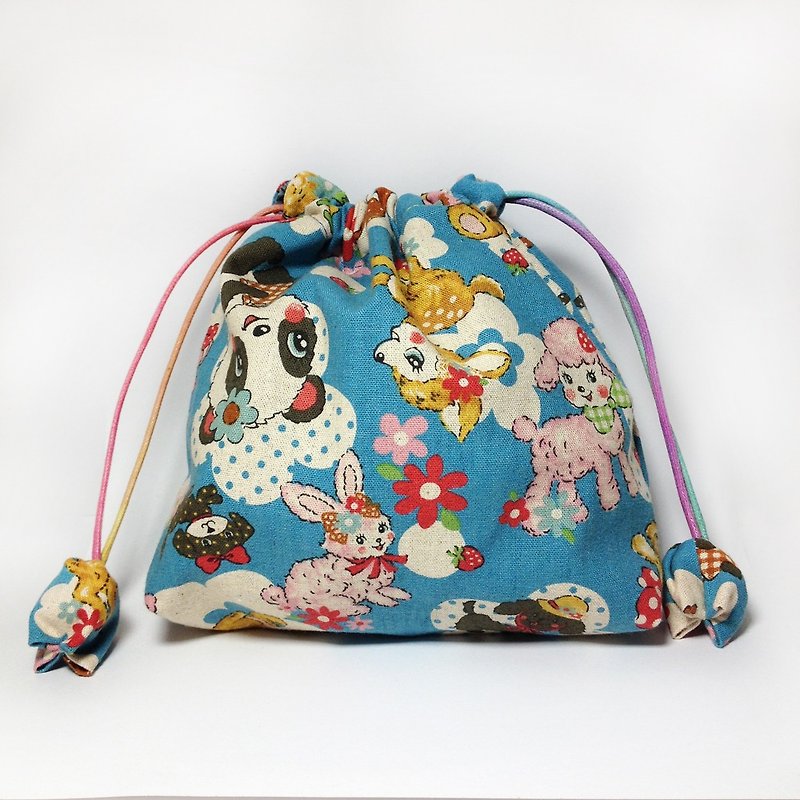 Japanese retro cartoon bear lattice bag pocket pocket pocket - กระเป๋าเครื่องสำอาง - ผ้าฝ้าย/ผ้าลินิน สีน้ำเงิน