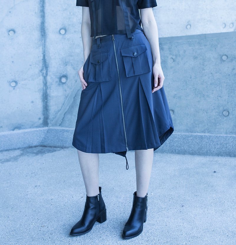 條紋A型半截裙 - 裙子/長裙 - 聚酯纖維 藍色