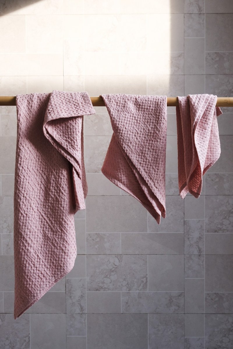Rose pink waffle linen bath towels / Linen bath towel set  / Organic flax - 毛巾/浴巾 - 亞麻 粉紅色