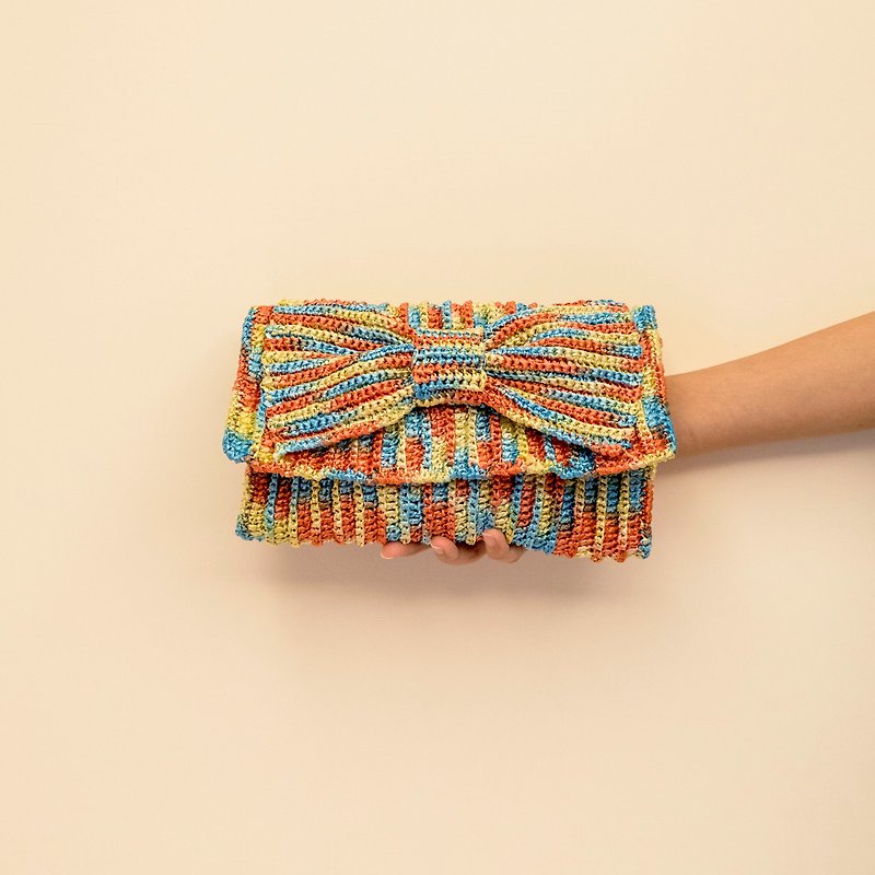 Hand-woven bag - summer bow bag - กระเป๋าคลัทช์ - ผ้าฝ้าย/ผ้าลินิน สีส้ม