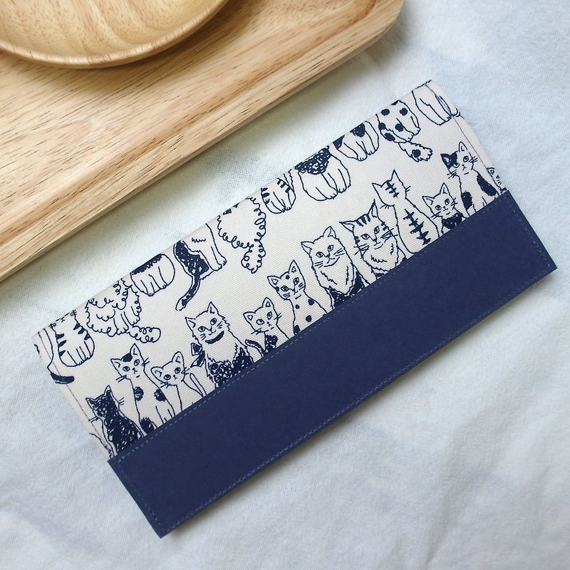 貓咪排排站 日本布 水洗牛皮紙夾 | 長夾 錢包 - 長短皮夾/錢包 - 紙 藍色