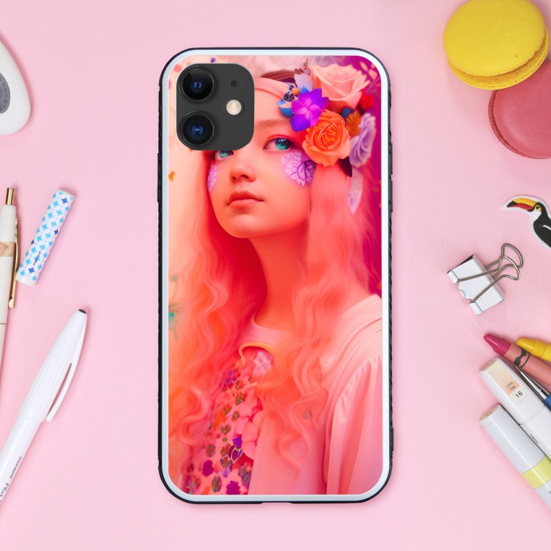 Dreamy and cute coral pink fairytale girl and flower lover smartphone case [tempered glass finish] iPhone 16 compatible - เคส/ซองมือถือ - พลาสติก หลากหลายสี