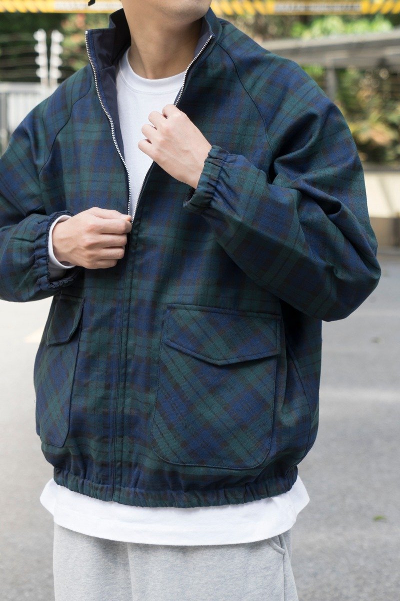 【Off-season sale】雙面穿 哈靈頓夾克復古寬鬆休閒格子立領外套 - 男夾克/外套 - 聚酯纖維 綠色