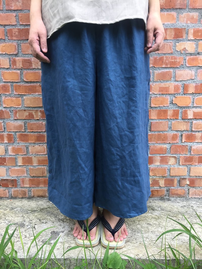 Pure linen 広形もんぺ wide tube pocket pants - กางเกงขายาว - ผ้าฝ้าย/ผ้าลินิน สีน้ำเงิน