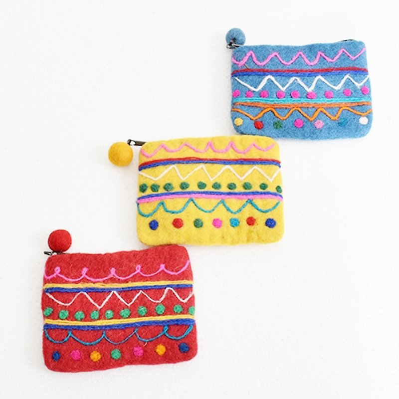 Colorful polka dot × border felt pouch - Toiletry Bags & Pouches - Wool Red