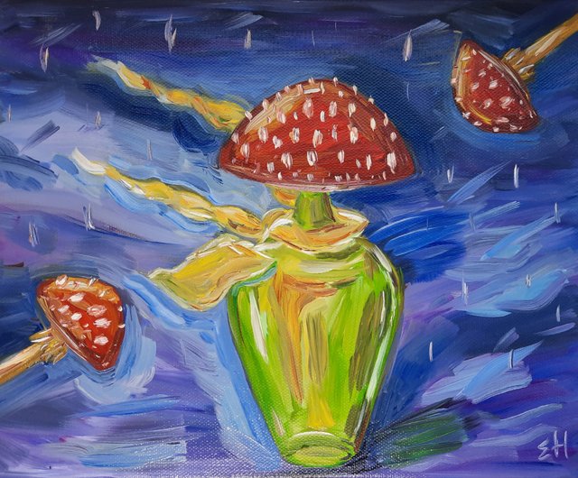 ベニテングタケ油絵きのこ油絵アリスワンダーランドウォールアート