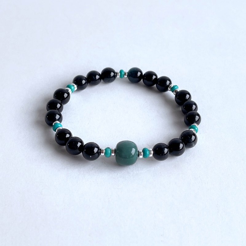 寶石系 天然礦石 黑碧璽 阿拉善 綠松石 925純銀 手鍊 - 手鍊/手環 - 寶石 黑色
